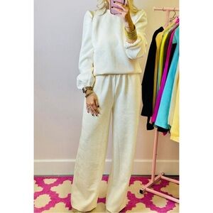 Beige Textured Puff Sleeve Top and Pant Set